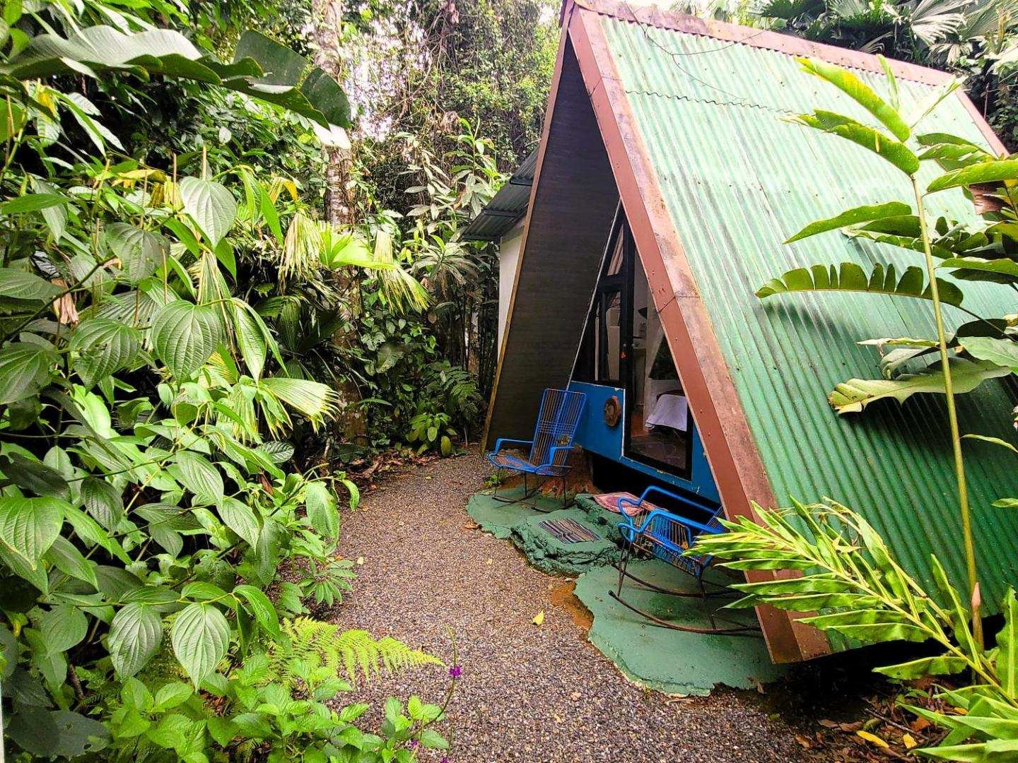 Gravel path leading to an A-frame chalet